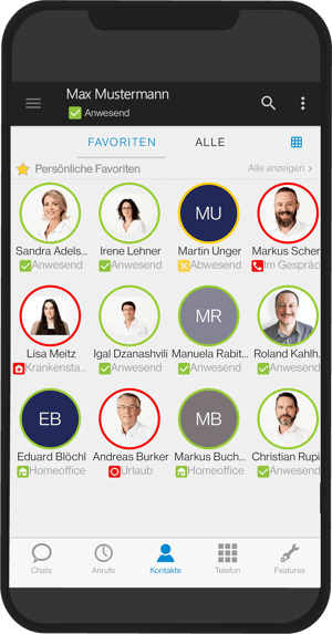 Präsenz-Management: Mithilfe des Präsenzstatus der yuu Phone Cloud-Telefonanlage von yuutel ist auf einen Blick ersichtlich, welche Teilnehmer im Homeoffice bzw. im Büro verfügbar sind